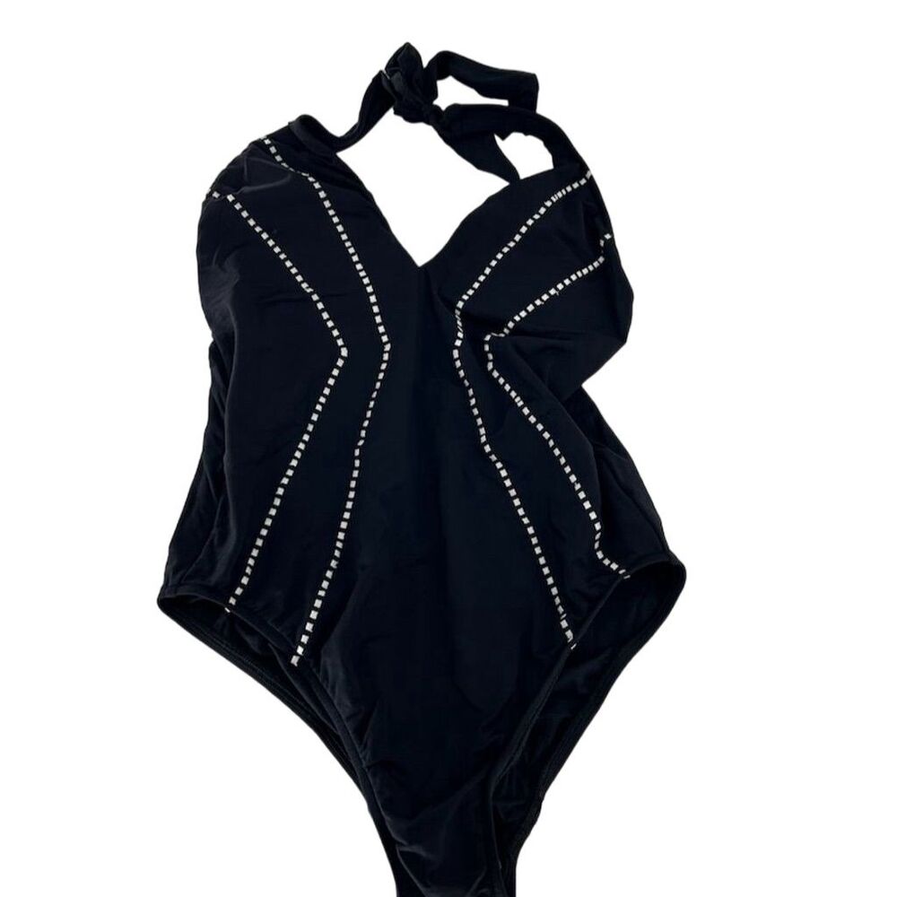 Seafolly Beach Squad Deep V Maillot Swimsuit Black Halter Stitching Size 10